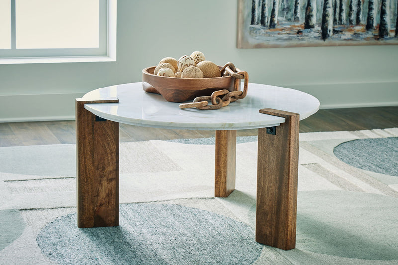 Isanti - Round Cocktail Table - White / Brown