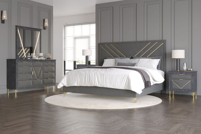 Symmetry - 6/6 Eastern King 5 Piece Bedroom Set (Bed, Dresser, Mirror, 2 Nightstands) - Gray