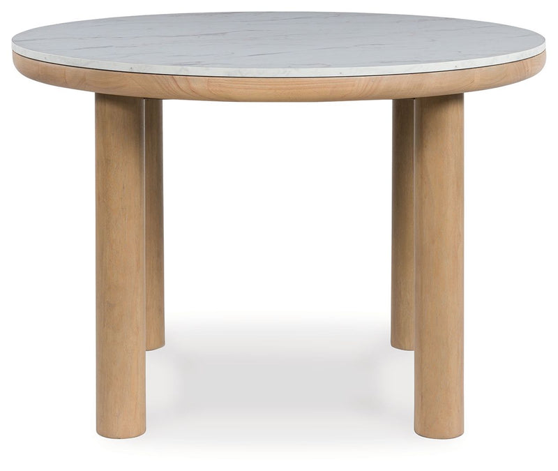 Sawdyn - 5 Pc. - Round Dining Room Table, 4 Side Chairs - White / Light Brown