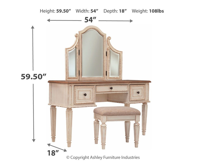 Realyn - Vanity/Mirror/Stool (Set of 3) - White / Brown / Beige