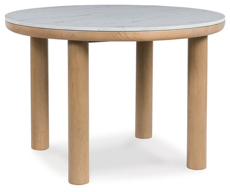 Sawdyn - 5 Pc. - Round Dining Room Table, 4 Side Chairs - White / Light Brown
